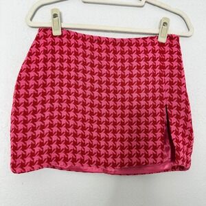 AFRM Melody Pink &‎ Red Houndstooth Mini Skirt with Slit - S/P